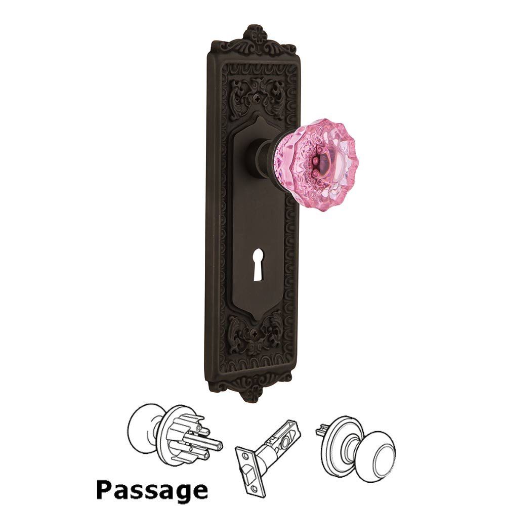 Nostalgic Warehouse - Passage - Egg & Dart Plate with Keyhole Crystal Pink Glass Door Knob in Oil-Rubbed Bronze
