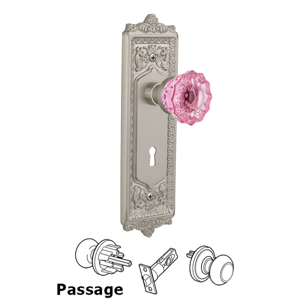 Nostalgic Warehouse - Passage - Egg & Dart Plate with Keyhole Crystal Pink Glass Door Knob in Satin Nickel