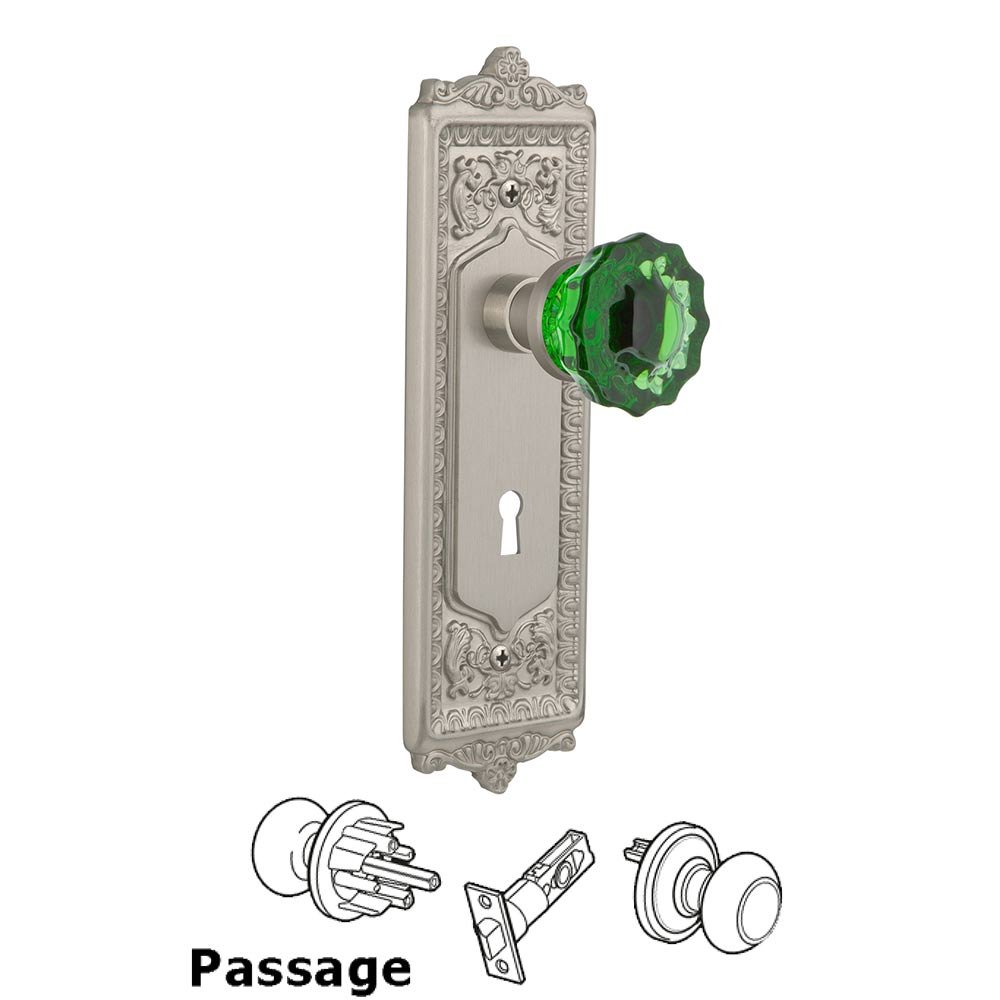 Nostalgic Warehouse - Passage - Egg & Dart Plate with Keyhole Crystal Emerald Glass Door Knob in Satin Nickel
