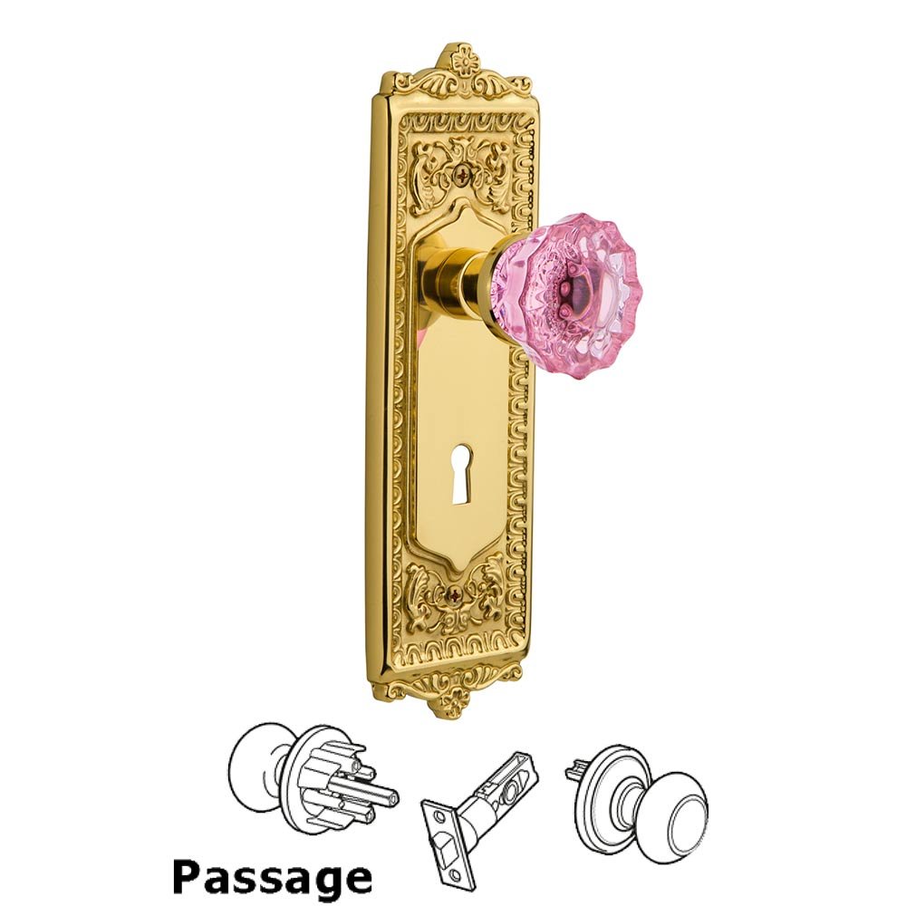 Nostalgic Warehouse - Passage - Egg & Dart Plate with Keyhole Crystal Pink Glass Door Knob in Unlaquered Brass