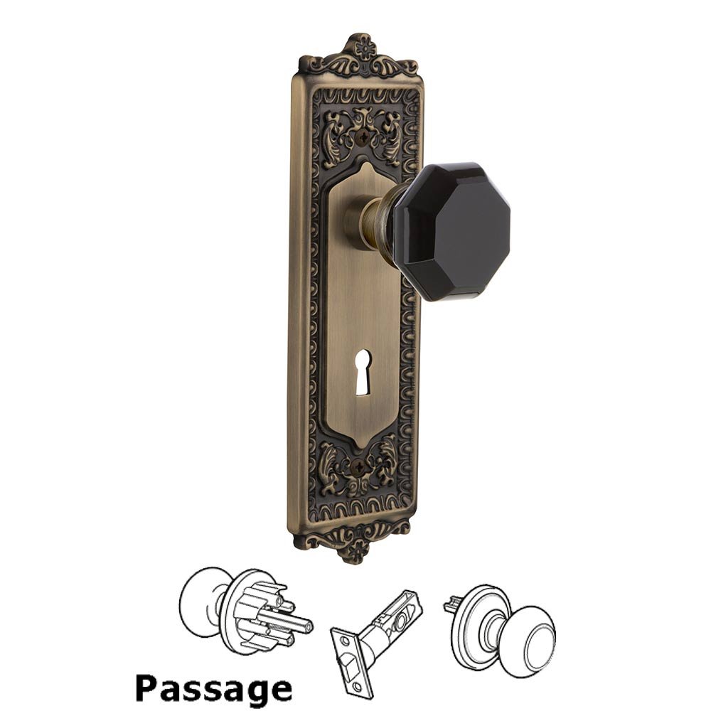 Nostalgic Warehouse - Passage - Egg & Dart Plate with Keyhole Waldorf Black Door Knob in Antique Brass