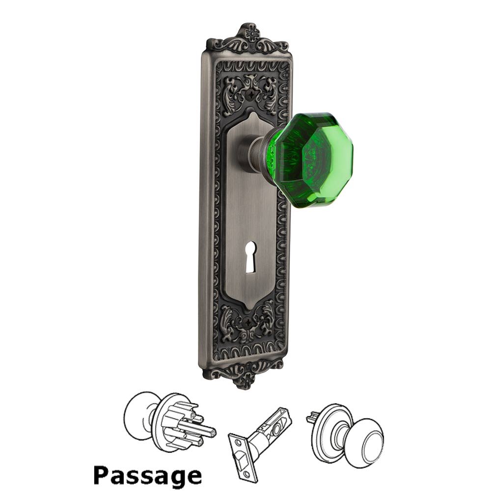 Nostalgic Warehouse - Passage - Egg & Dart Plate with Keyhole Waldorf Emerald Door Knob in Antique Pewter