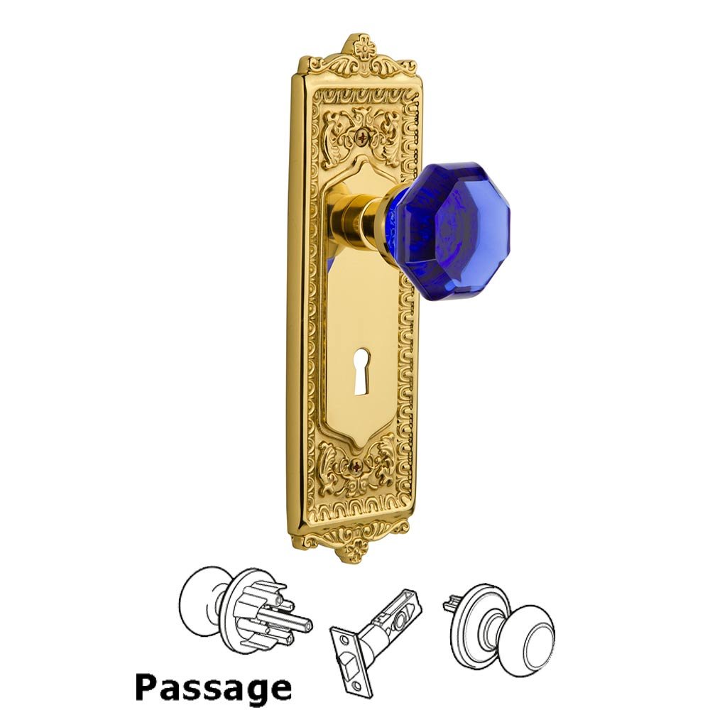 Nostalgic Warehouse - Passage - Egg & Dart Plate with Keyhole Waldorf Cobalt Door Knob in Polished Brass
