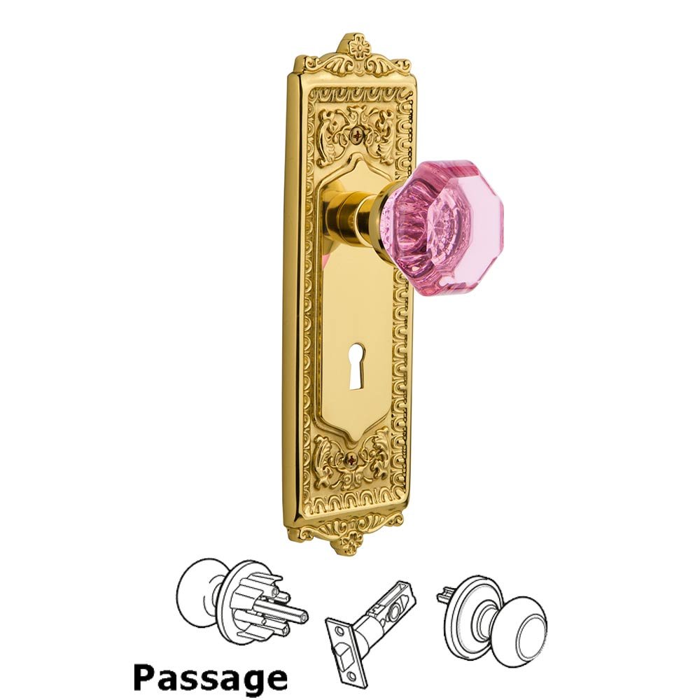 Nostalgic Warehouse - Passage - Egg & Dart Plate with Keyhole Waldorf Pink Door Knob in Polished Brass