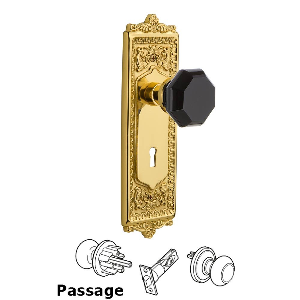 Nostalgic Warehouse - Passage - Egg & Dart Plate with Keyhole Waldorf Black Door Knob in Polished Brass