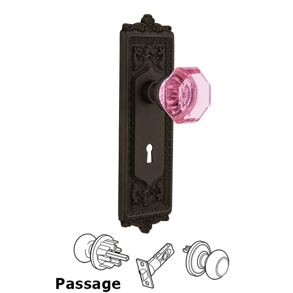 Nostalgic Warehouse - Passage - Egg & Dart Plate with Keyhole Waldorf Pink Door Knob in Oil-Rubbed Bronze