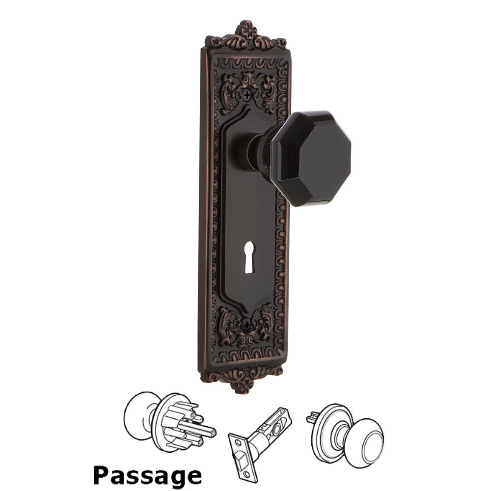 Nostalgic Warehouse - Passage - Egg & Dart Plate with Keyhole Waldorf Black Door Knob in Timeless Bronze