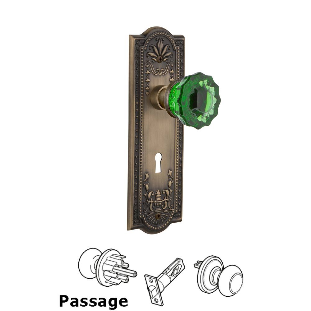 Nostalgic Warehouse - Passage - Meadows Plate with Keyhole Crystal Emerald Glass Door Knob in Antique Brass