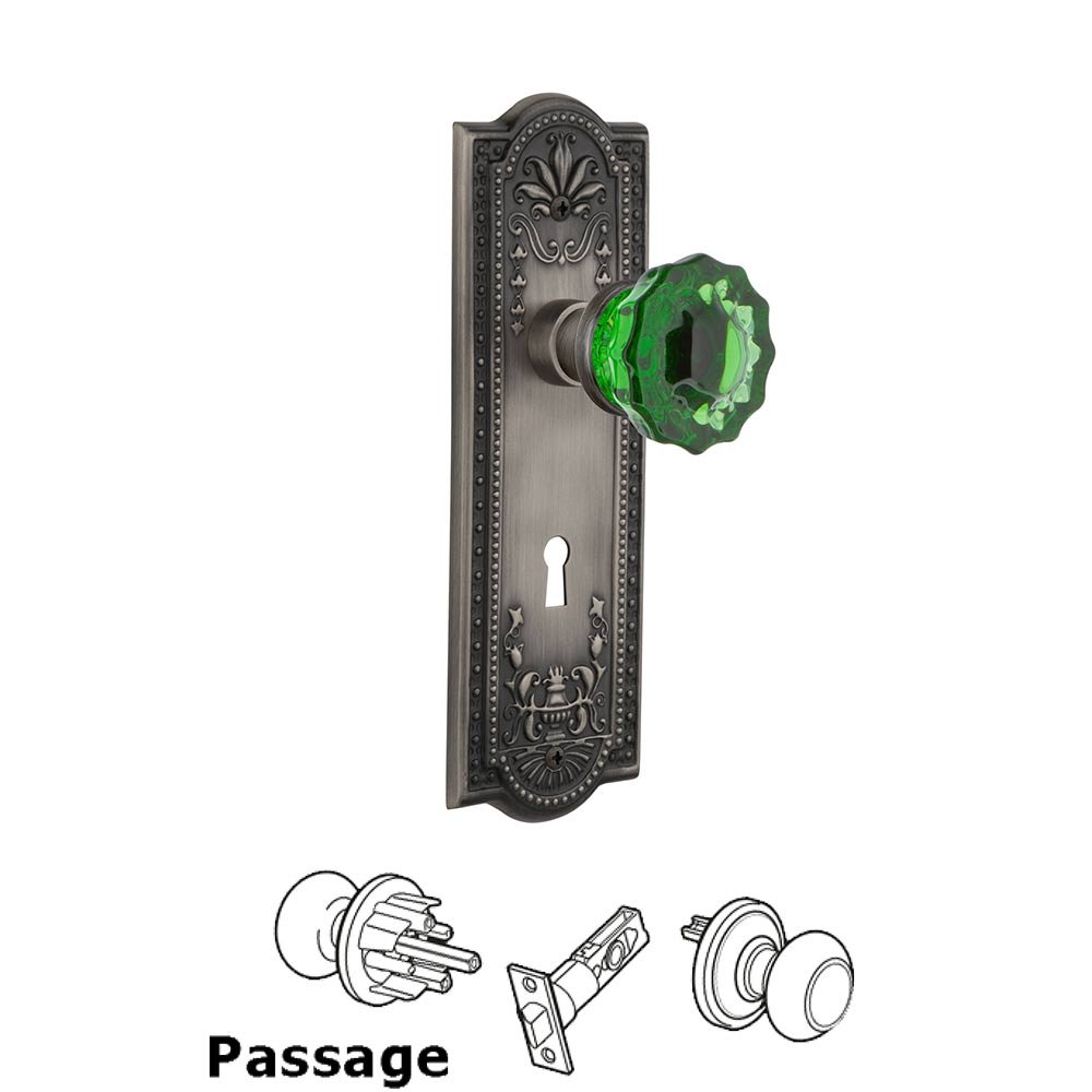 Nostalgic Warehouse - Passage - Meadows Plate with Keyhole Crystal Emerald Glass Door Knob in Antique Pewter