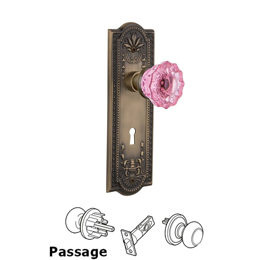 Nostalgic Warehouse - Passage - Meadows Plate with Keyhole Crystal Pink Glass Door Knob in Antique Brass