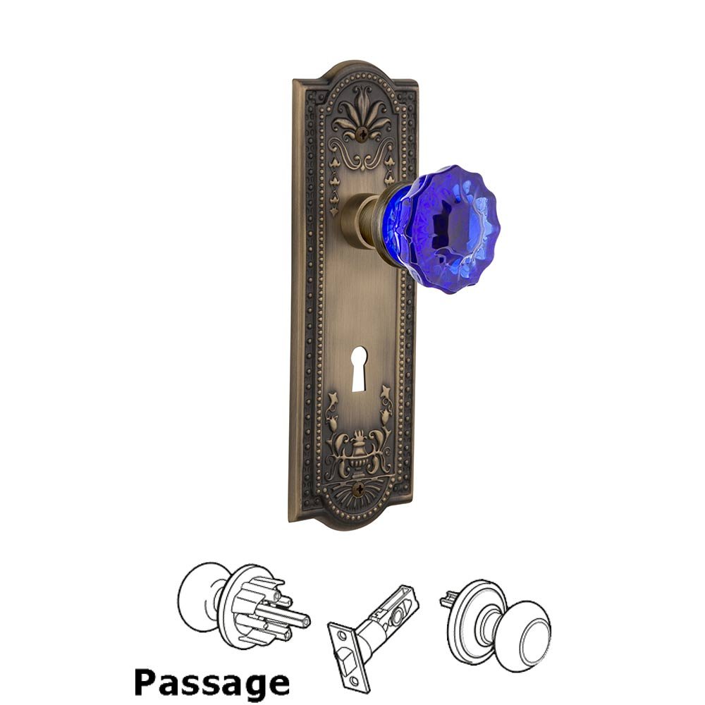 Nostalgic Warehouse - Passage - Meadows Plate with Keyhole Crystal Cobalt Glass Door Knob in Antique Brass