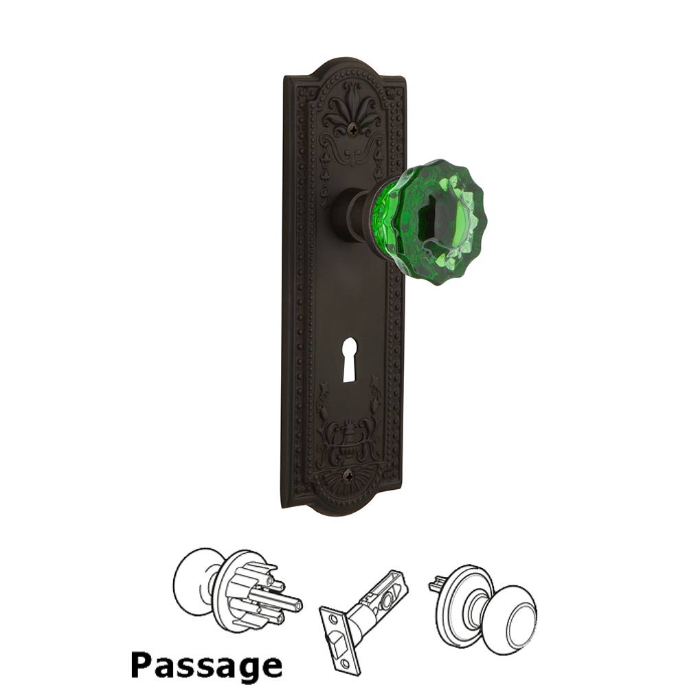 Nostalgic Warehouse - Passage - Meadows Plate with Keyhole Crystal Emerald Glass Door Knob in Oil-Rubbed Bronze
