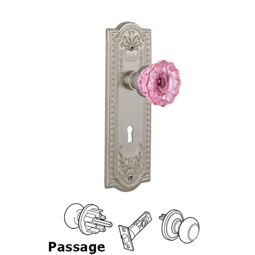 Nostalgic Warehouse - Passage - Meadows Plate with Keyhole Crystal Pink Glass Door Knob in Satin Nickel