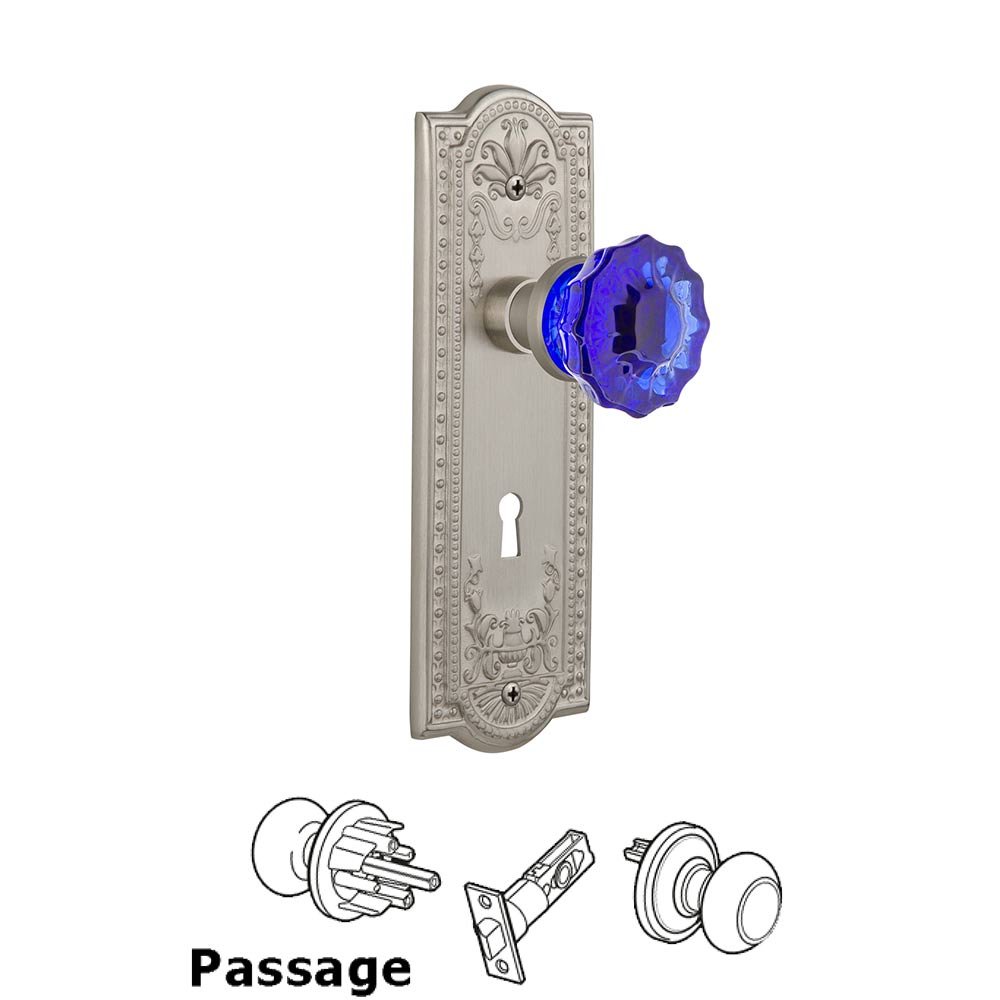 Nostalgic Warehouse - Passage - Meadows Plate with Keyhole Crystal Cobalt Glass Door Knob in Satin Nickel
