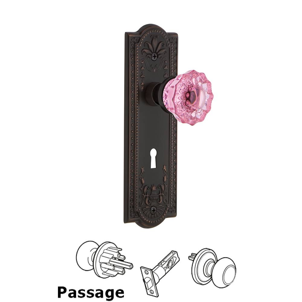Nostalgic Warehouse - Passage - Meadows Plate with Keyhole Crystal Pink Glass Door Knob in Timeless Bronze