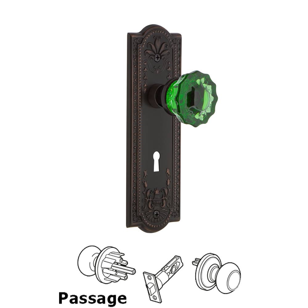 Nostalgic Warehouse - Passage - Meadows Plate with Keyhole Crystal Emerald Glass Door Knob in Timeless Bronze