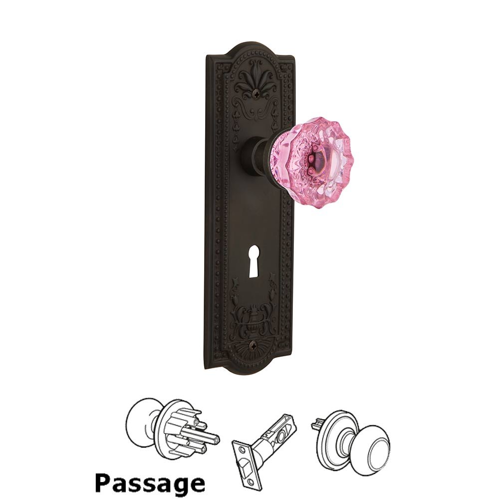 Nostalgic Warehouse - Passage - Meadows Plate with Keyhole Crystal Pink Glass Door Knob in Oil-Rubbed Bronze