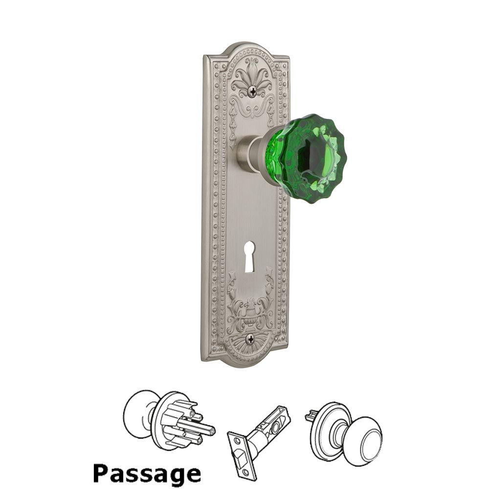Nostalgic Warehouse - Passage - Meadows Plate with Keyhole Crystal Emerald Glass Door Knob in Satin Nickel
