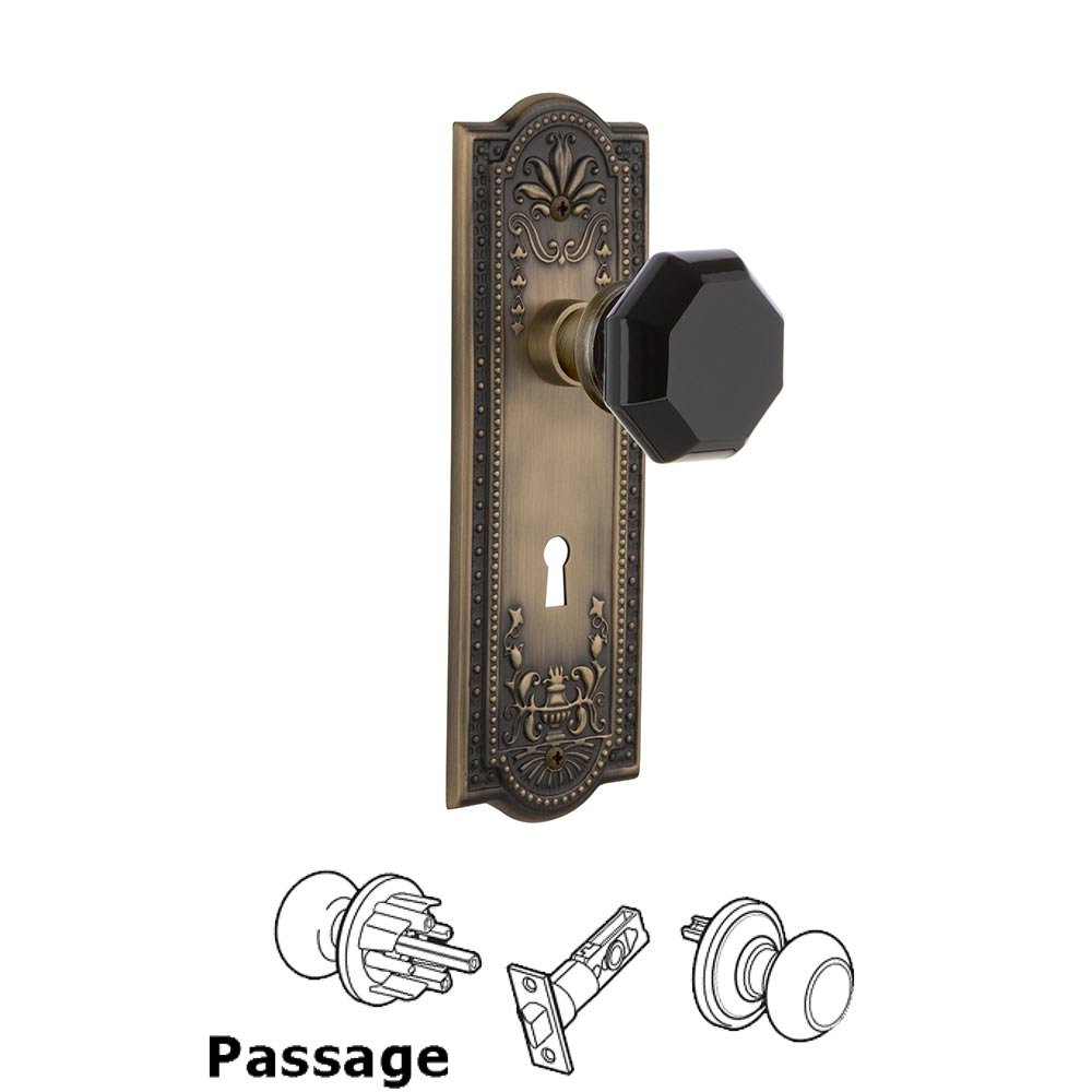 Nostalgic Warehouse - Passage - Meadows Plate with Keyhole Waldorf Black Door Knob in Antique Brass