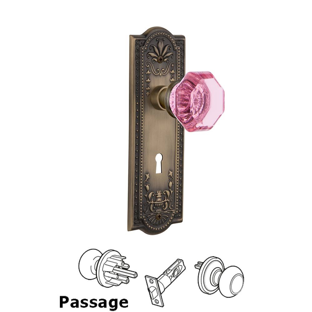 Nostalgic Warehouse - Passage - Meadows Plate with Keyhole Waldorf Pink Door Knob in Antique Brass
