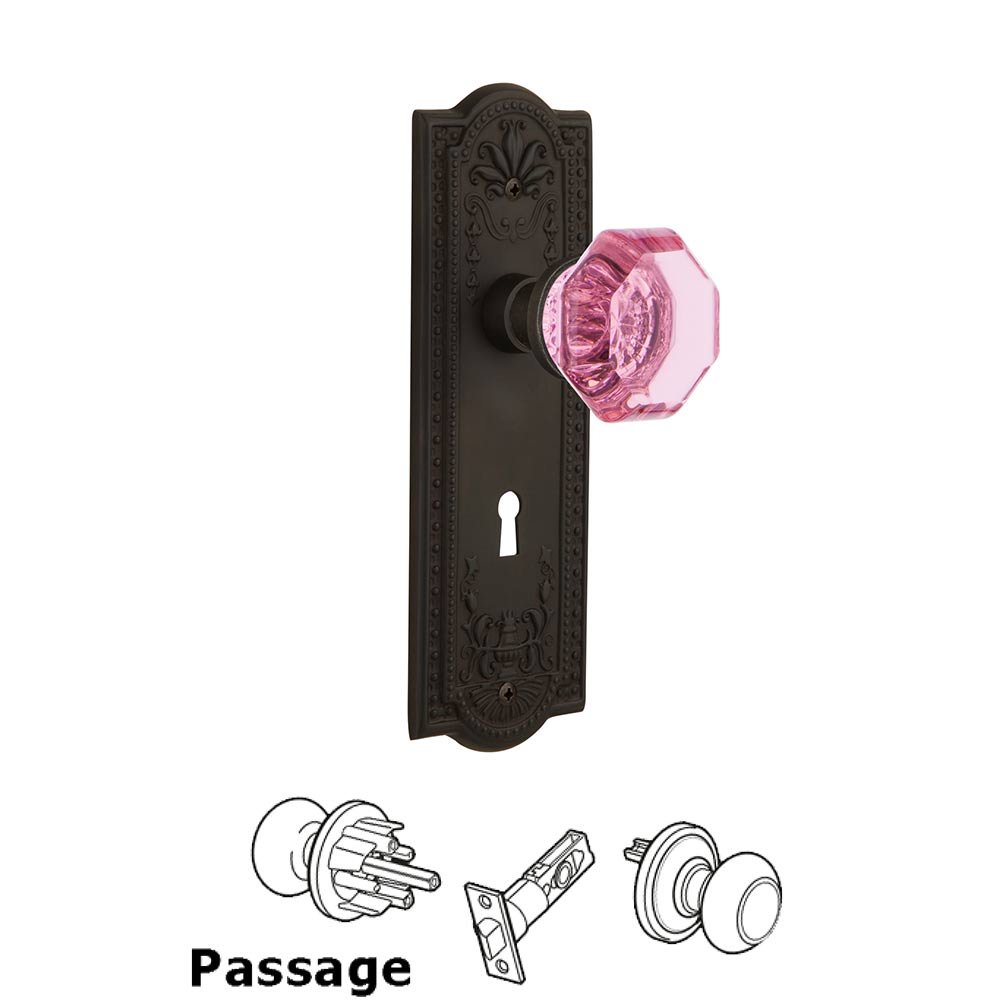 Nostalgic Warehouse - Passage - Meadows Plate with Keyhole Waldorf Pink Door Knob in Oil-Rubbed Bronze
