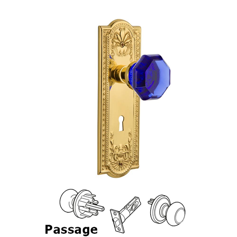Nostalgic Warehouse - Passage - Meadows Plate with Keyhole Waldorf Cobalt Door Knob in Polished Brass