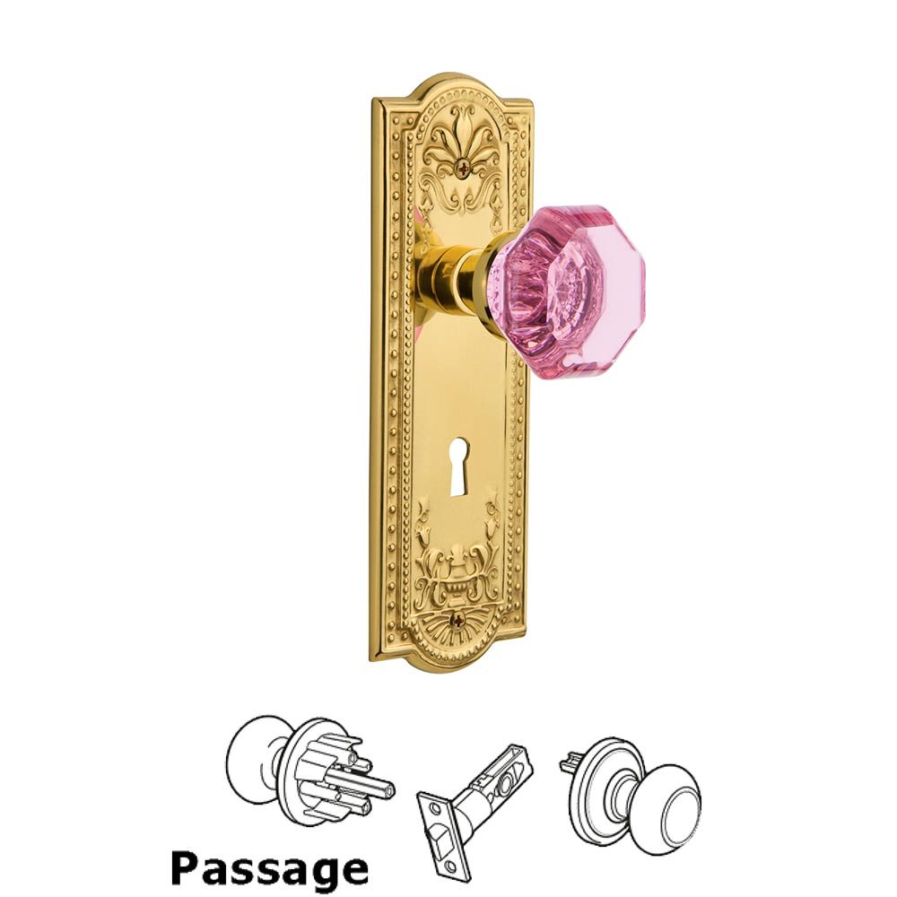 Nostalgic Warehouse - Passage - Meadows Plate with Keyhole Waldorf Pink Door Knob in Polished Brass