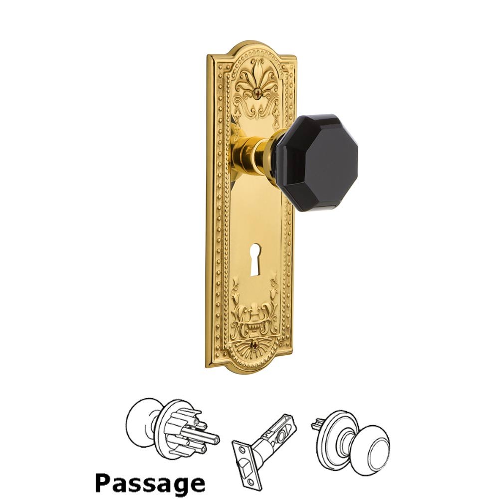 Nostalgic Warehouse - Passage - Meadows Plate with Keyhole Waldorf Black Door Knob in Polished Brass
