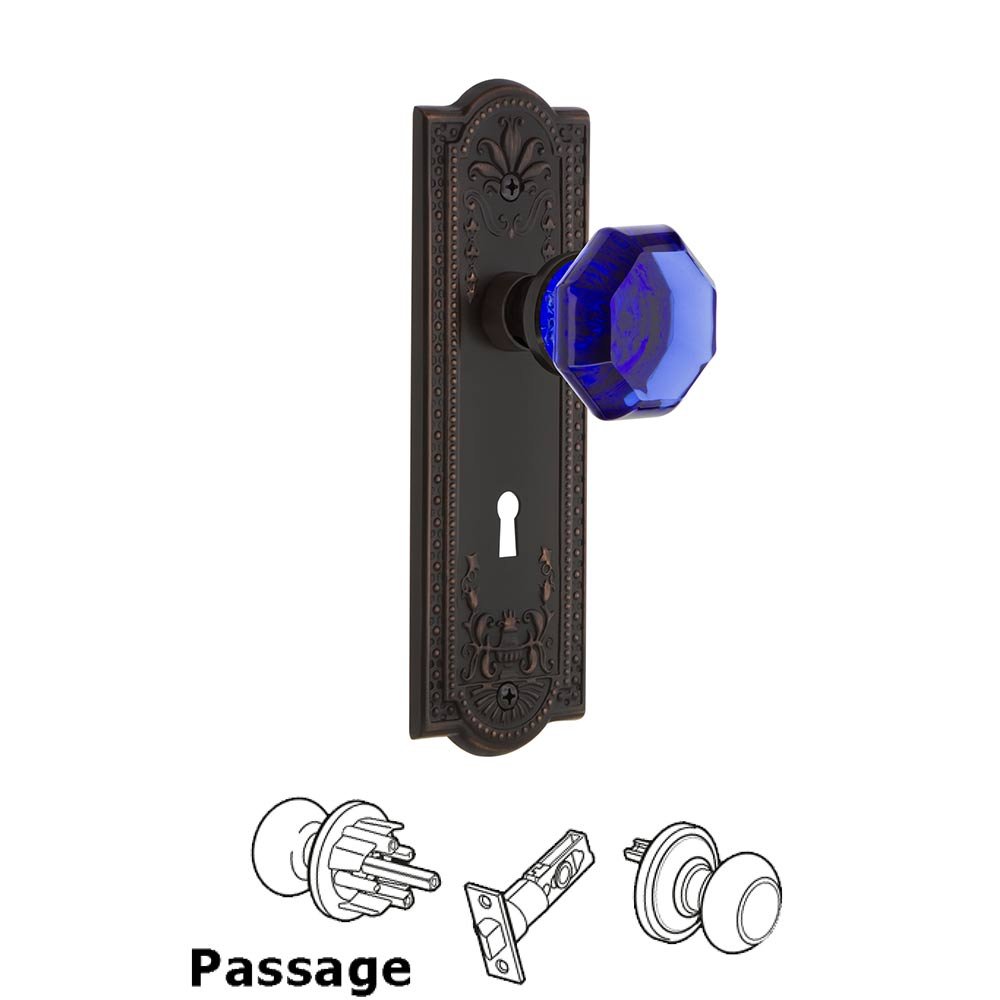 Nostalgic Warehouse - Passage - Meadows Plate with Keyhole Waldorf Cobalt Door Knob in Timeless Bronze