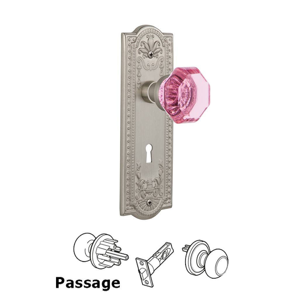 Nostalgic Warehouse - Passage - Meadows Plate with Keyhole Waldorf Pink Door Knob in Satin Nickel