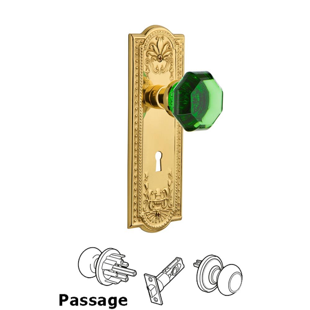 Nostalgic Warehouse - Passage - Meadows Plate with Keyhole Waldorf Emerald Door Knob in Unlaquered Brass