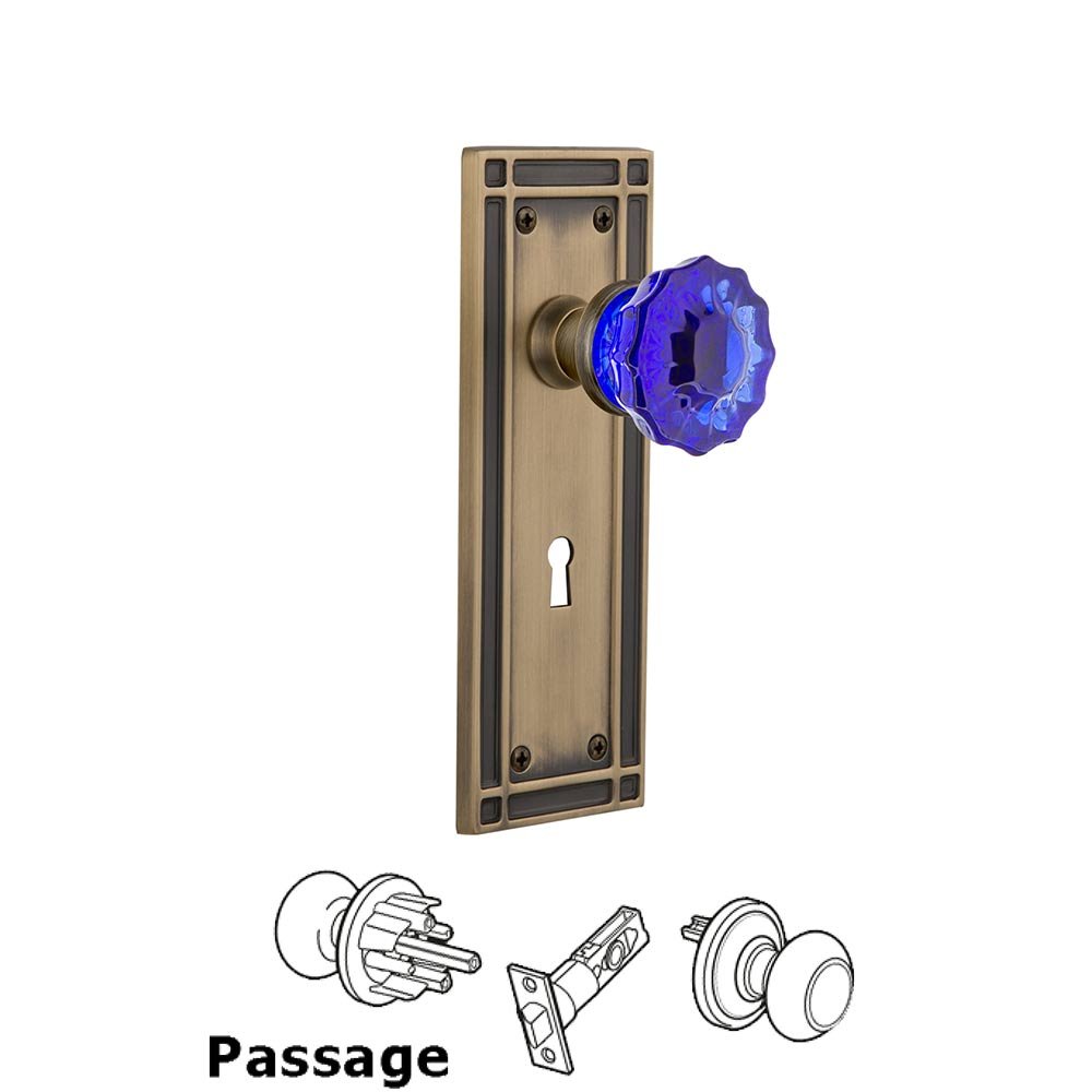 Nostalgic Warehouse - Passage - Mission Plate with Keyhole Crystal Cobalt Glass Door Knob in Antique Brass