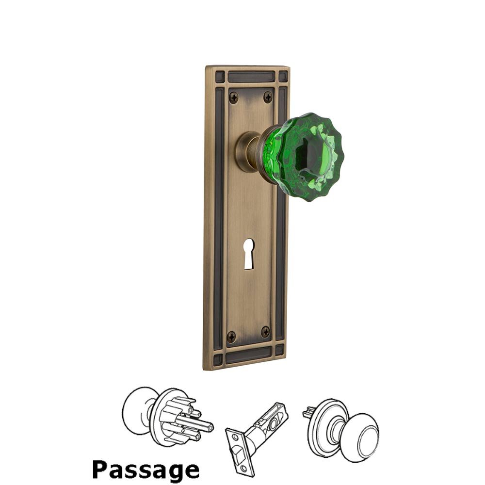 Nostalgic Warehouse - Passage - Mission Plate with Keyhole Crystal Emerald Glass Door Knob in Antique Brass