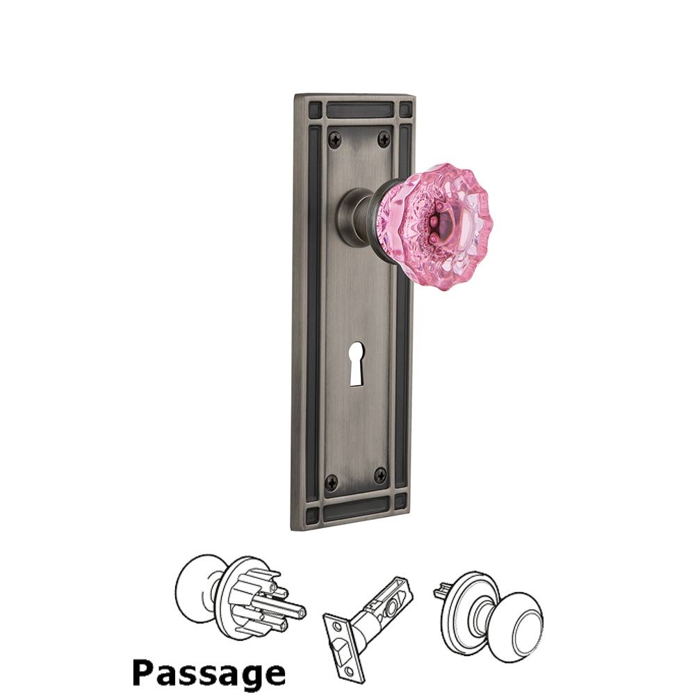 Nostalgic Warehouse - Passage - Mission Plate with Keyhole Crystal Pink Glass Door Knob in Antique Pewter