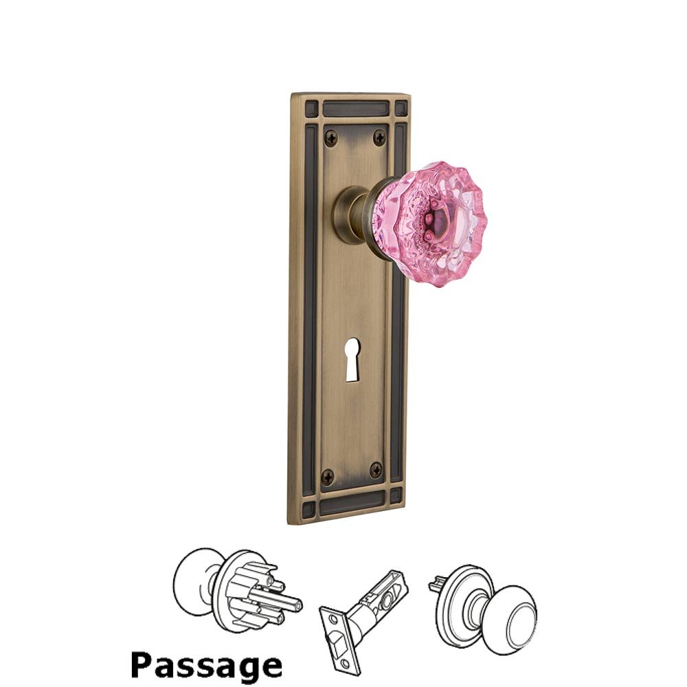 Nostalgic Warehouse - Passage - Mission Plate with Keyhole Crystal Pink Glass Door Knob in Antique Brass