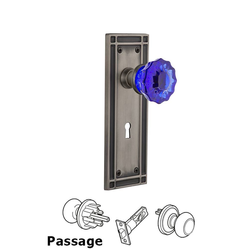 Nostalgic Warehouse - Passage - Mission Plate with Keyhole Crystal Cobalt Glass Door Knob in Antique Pewter