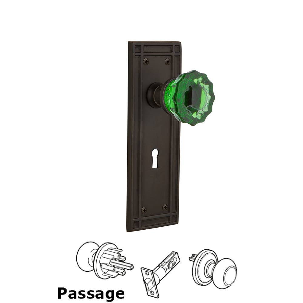 Nostalgic Warehouse - Passage - Mission Plate with Keyhole Crystal Emerald Glass Door Knob in Oil-Rubbed Bronze