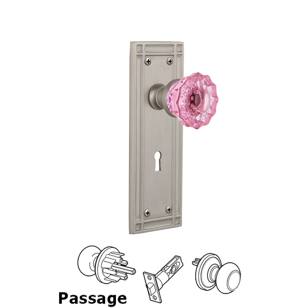 Nostalgic Warehouse - Passage - Mission Plate with Keyhole Crystal Pink Glass Door Knob in Satin Nickel