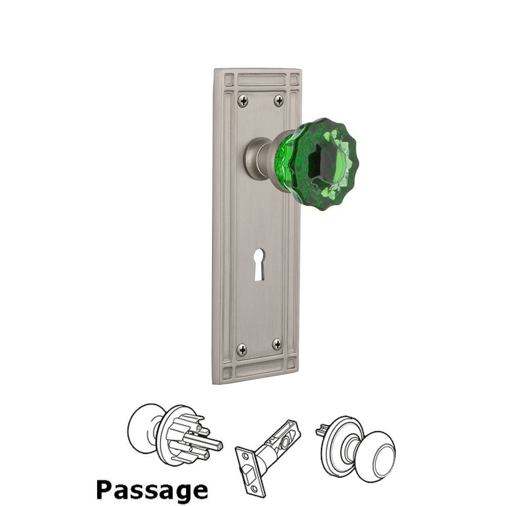 Nostalgic Warehouse - Passage - Mission Plate with Keyhole Crystal Emerald Glass Door Knob in Satin Nickel