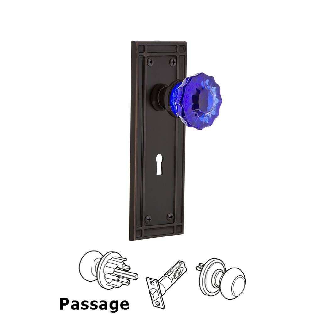 Nostalgic Warehouse - Passage - Mission Plate with Keyhole Crystal Cobalt Glass Door Knob in Timeless Bronze