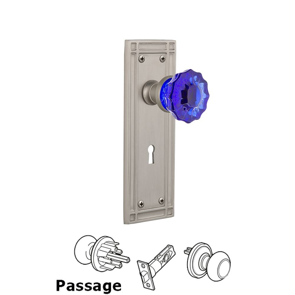 Nostalgic Warehouse - Passage - Mission Plate with Keyhole Crystal Cobalt Glass Door Knob in Satin Nickel