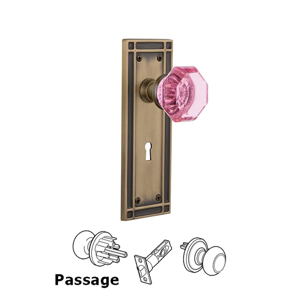 Nostalgic Warehouse - Passage - Mission Plate with Keyhole Waldorf Pink Door Knob in Antique Brass