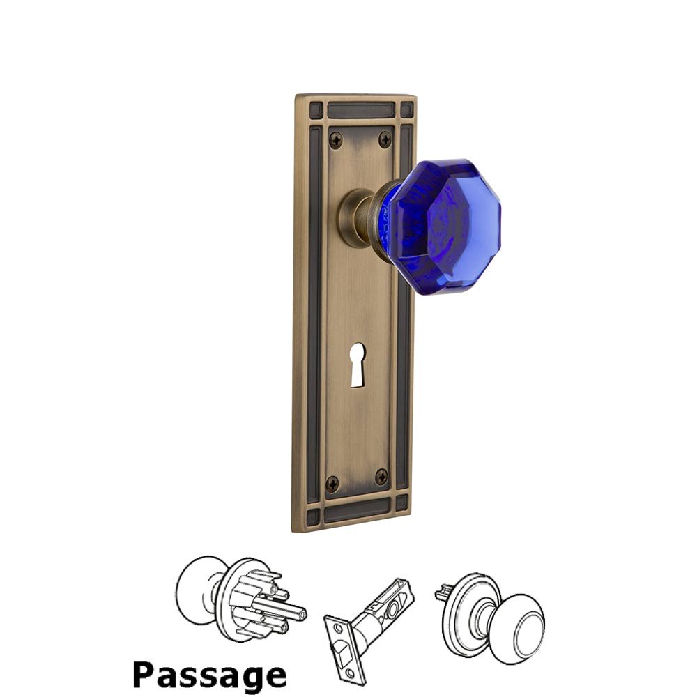 Nostalgic Warehouse - Passage - Mission Plate with Keyhole Waldorf Cobalt Door Knob in Antique Brass