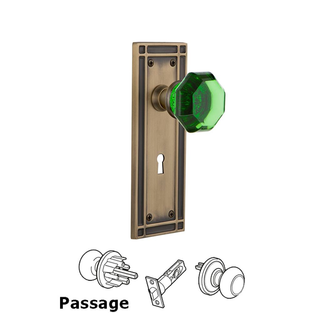 Nostalgic Warehouse - Passage - Mission Plate with Keyhole Waldorf Emerald Door Knob in Antique Brass