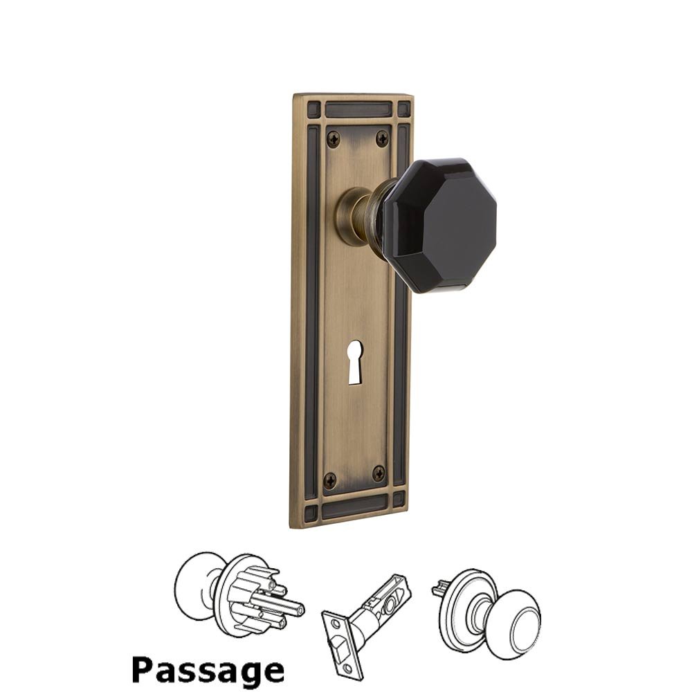 Nostalgic Warehouse - Passage - Mission Plate with Keyhole Waldorf Black Door Knob in Antique Brass