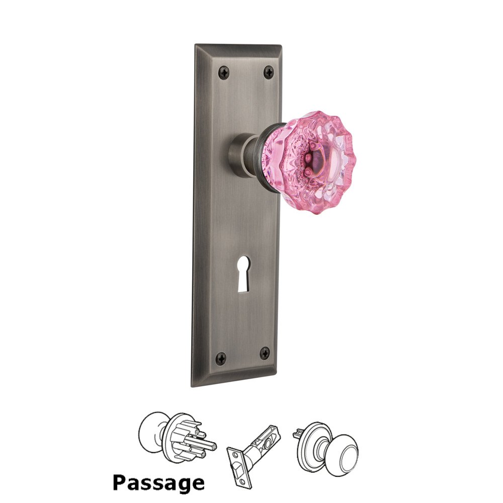 Nostalgic Warehouse - Passage - New York Plate with Keyhole Crystal Pink Glass Door Knob in Antique Pewter