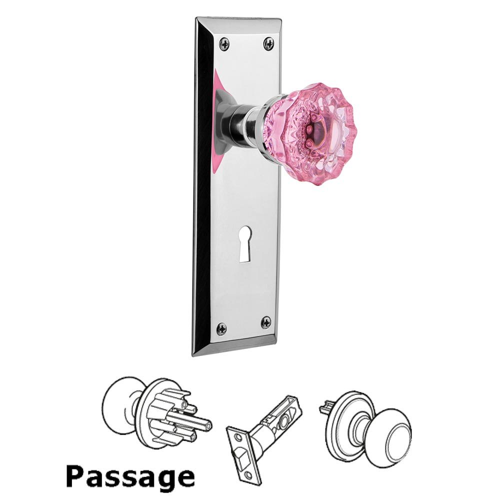 Nostalgic Warehouse - Passage - New York Plate with Keyhole Crystal Pink Glass Door Knob in Bright Chrome