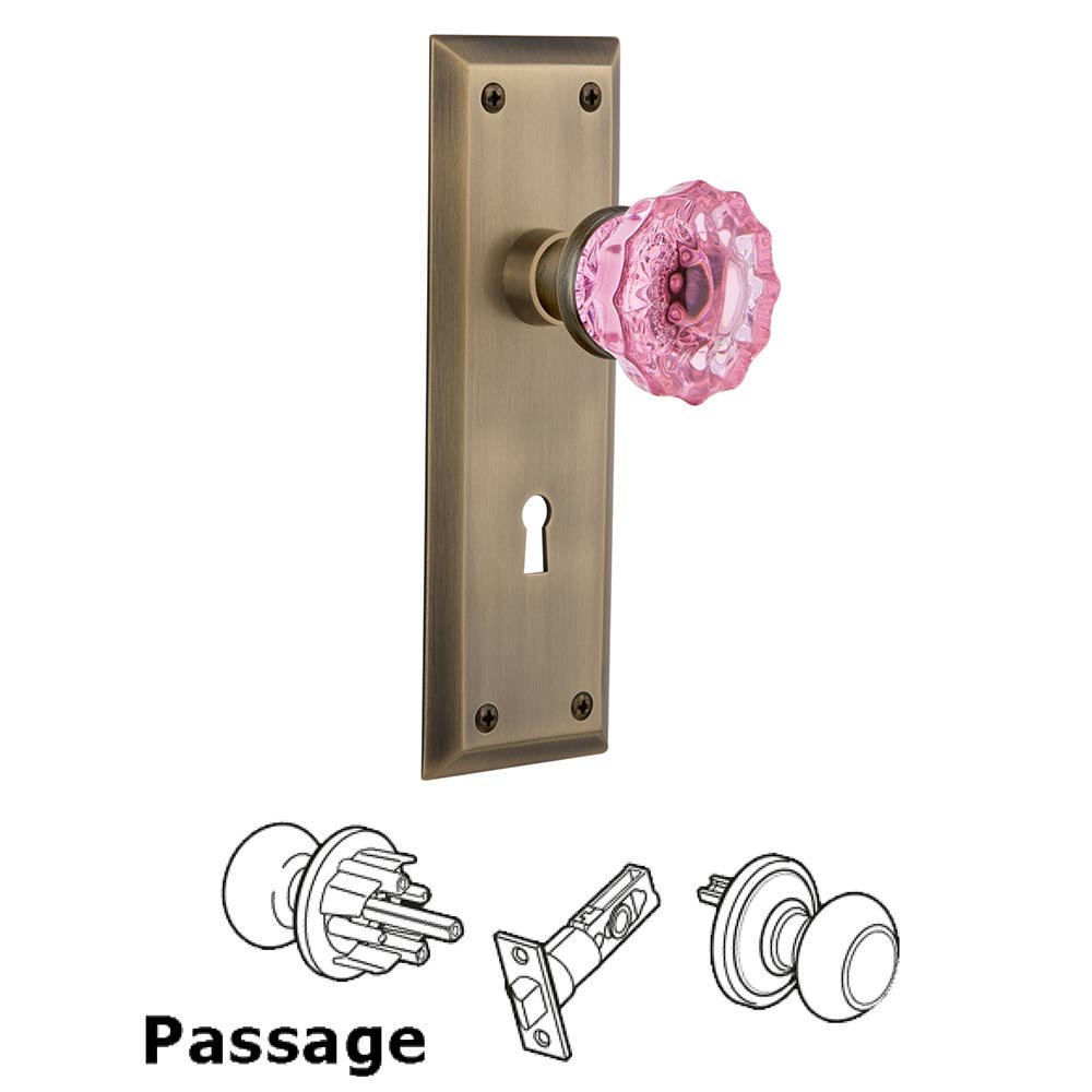 Nostalgic Warehouse - Passage - New York Plate with Keyhole Crystal Pink Glass Door Knob in Antique Brass