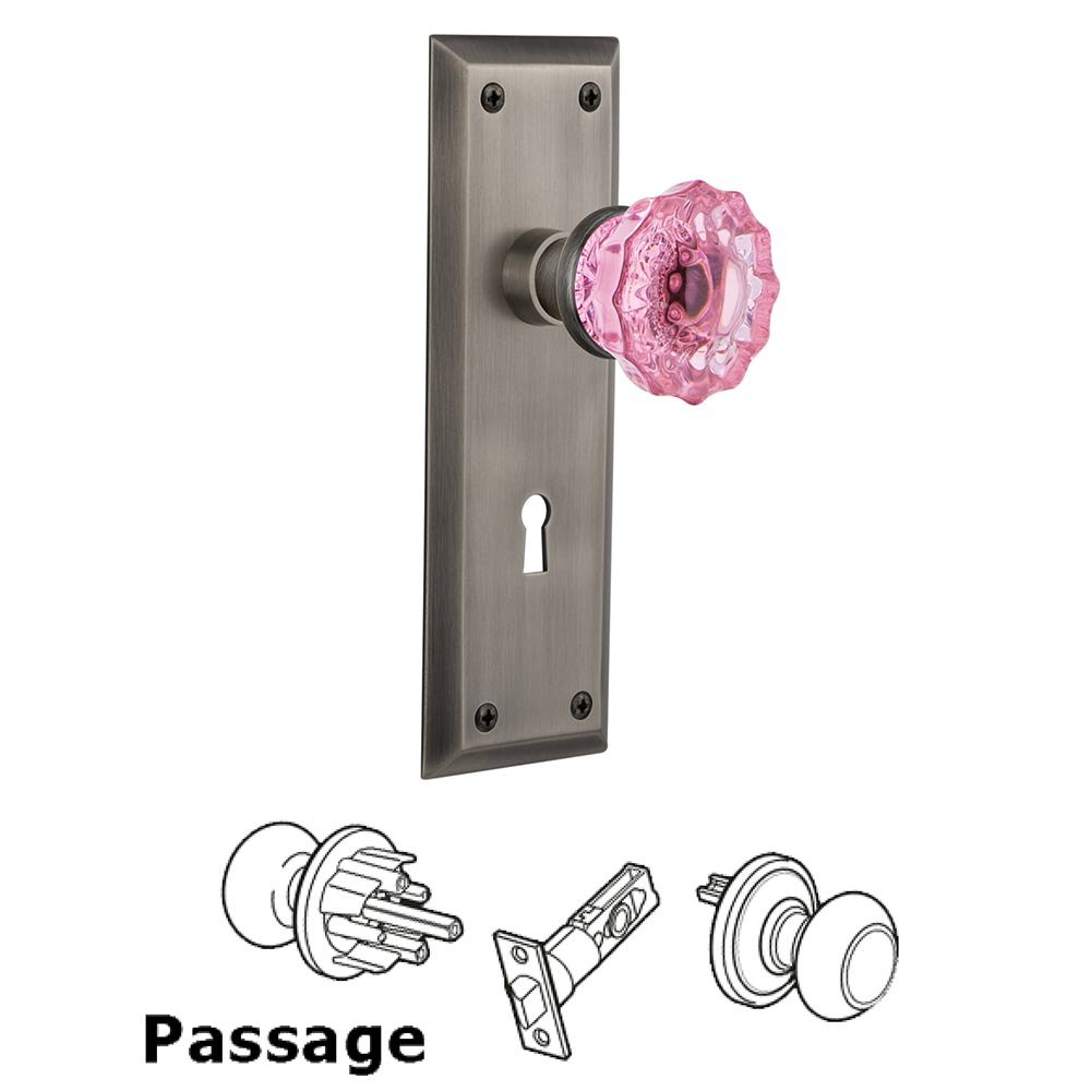 Nostalgic Warehouse - Passage - New York Plate with Keyhole Crystal Pink Glass Door Knob in Antique Pewter