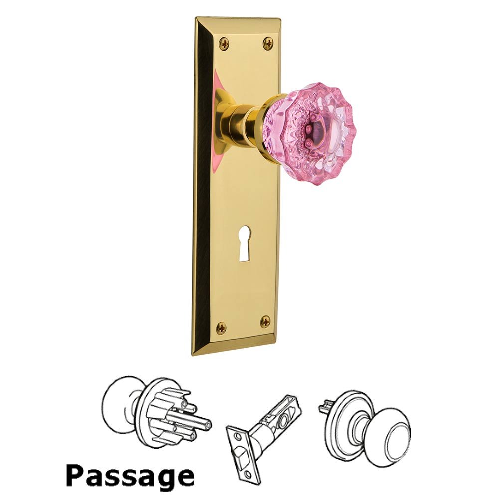 Nostalgic Warehouse - Passage - New York Plate with Keyhole Crystal Pink Glass Door Knob in Polished Brass